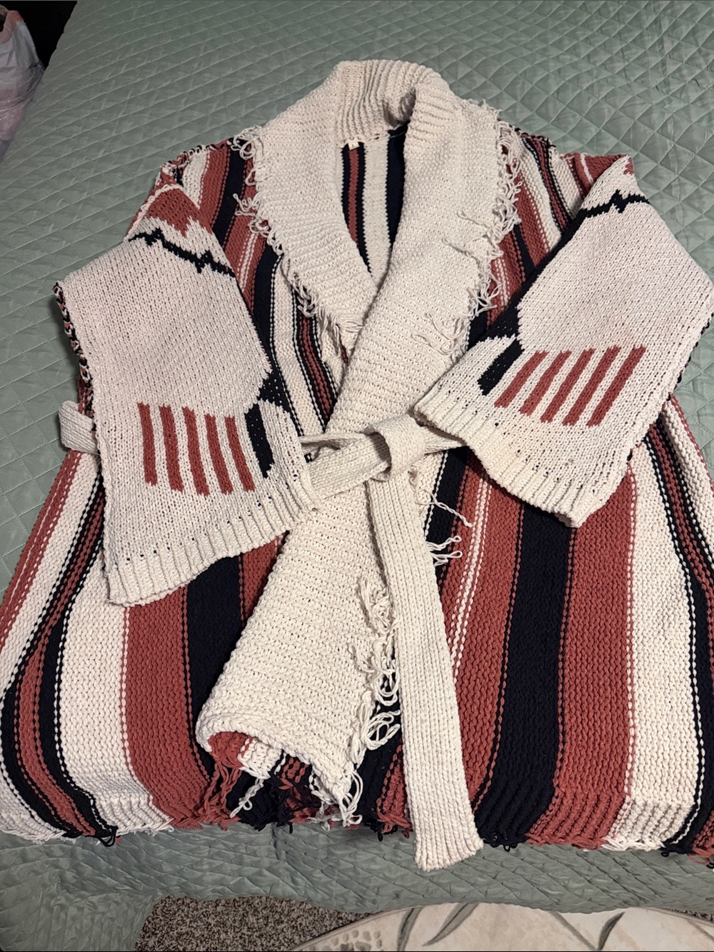 POL Striped Open-Front Fringe Knit Cardigan in Cream, Rust & Black